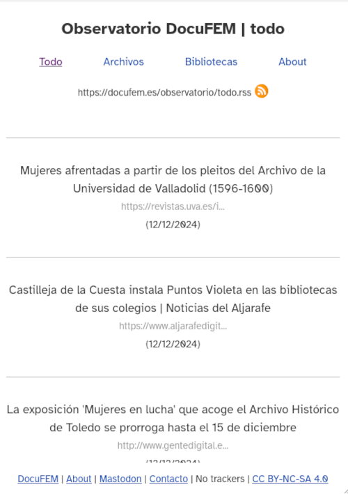 Es una captura de la web del Observatorio. Se ve el menú con sección para todo, archivos, bibliotecas y el about, y un par de enlaces de noticias junto con el enlace al RSS del sitio